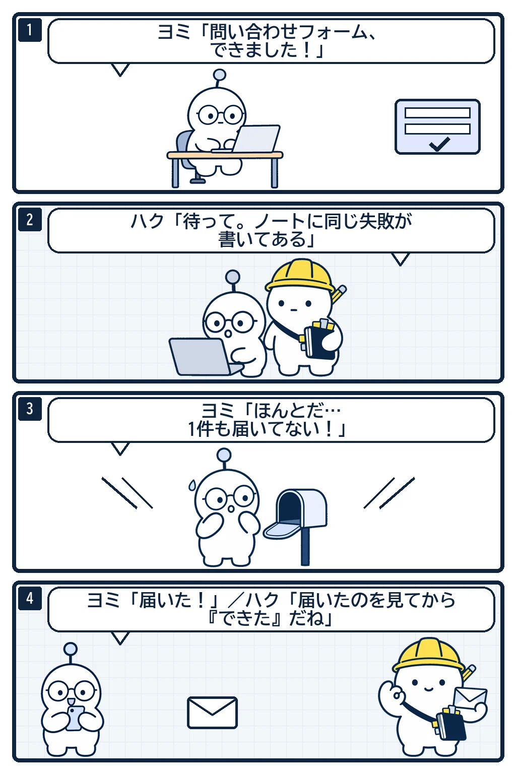 4コマ漫画「問い合わせフォーム編」。セリフは下の「セリフを文字で読む」にあります。